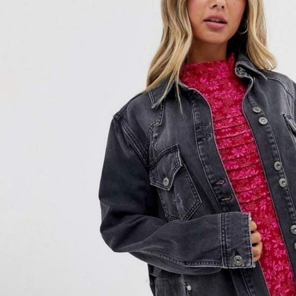 Free People Moonchild Distressed Denim Shirt Jacket Moon Dust Washed Black Small - Picture 4 of 16